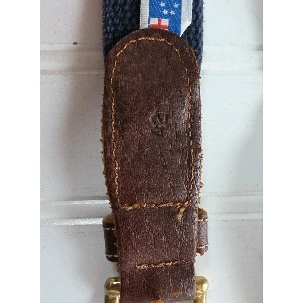 Preston Brand blue 'country flags' belt with leather ends, 42 Made In USA